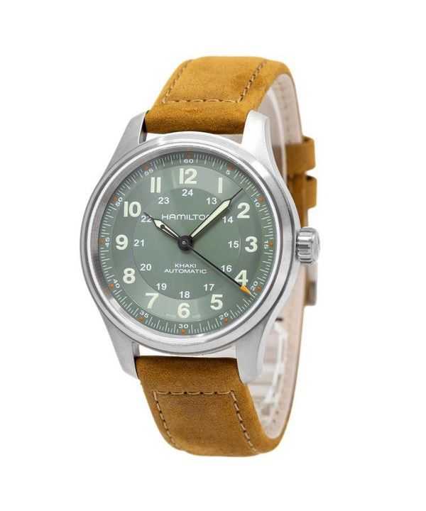 Orologio da uomo Hamilton Khaki Field con cinturino in pelle titanio quadrante verde automatico H70545560 100M