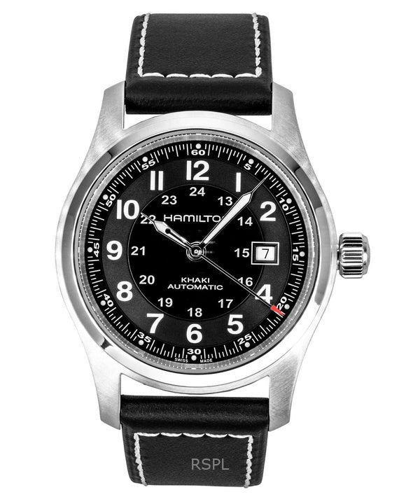 Orologio da uomo Hamilton Khaki con cinturino in pelle e quadrante nero automatico H70605733 100M