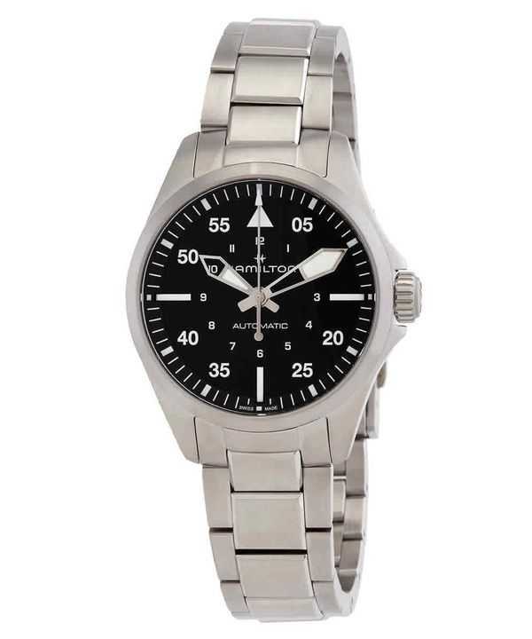 Orologio da uomo Hamilton Khaki Aviation Pilot in acciaio inossidabile con quadrante nero automatico H76215130 100M