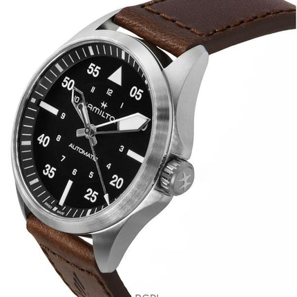 Orologio da uomo Hamilton Khaki Aviation Pilot con cinturino in pelle e quadrante nero automatico H76305530 100M