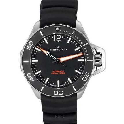 Orologio da uomo Hamilton Khaki Navy Frogman con cinturino in gomma e quadrante nero, automatico, subacqueo H77455330 300M