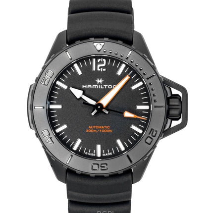 Orologio da uomo Hamilton Khaki Frogman con cinturino in gomma e quadrante nero, automatico, subacqueo, H77855330, 300 m