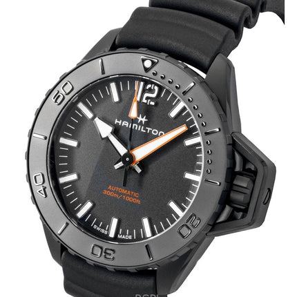 Orologio da uomo Hamilton Khaki Frogman con cinturino in gomma e quadrante nero, automatico, subacqueo, H77855330, 300 m