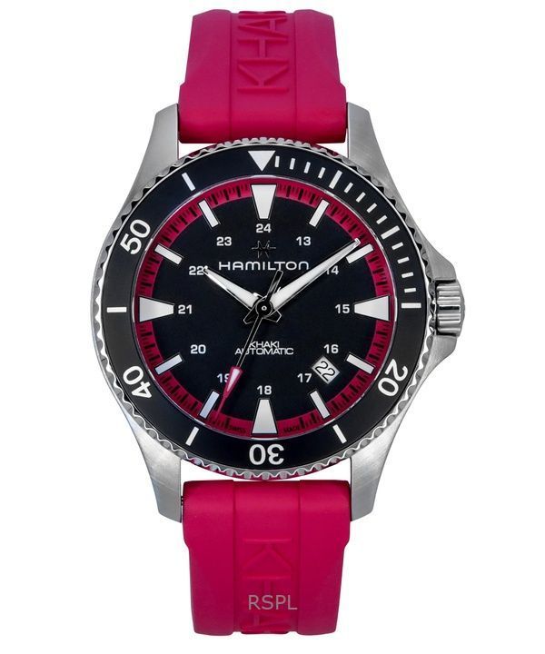 Orologio Hamilton Khaki Navy Scuba Rosa Cinturino in Gomma Quadrante Nero Automatico H82395330 100M Unisex