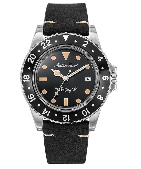 Mathey-Tissot Mathy Vintage cinturino in pelle quadrante nero orologio al quarzo H900ALN da uomo