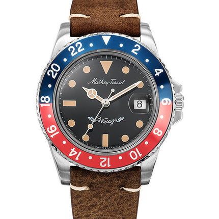 Orologio da uomo Mathey-Tissot con cinturino in pelle vintage quadrante nero automatico H900ATLR 100M