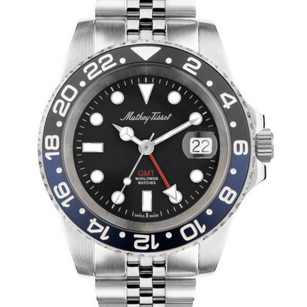 Orologio da uomo Mathey-Tissot vintage GMT in acciaio inossidabile quadrante nero al quarzo H903ANB 100M