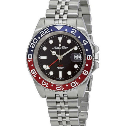 Orologio da uomo Mathey-Tissot vintage GMT in acciaio inossidabile quadrante nero al quarzo H903AR 100M
