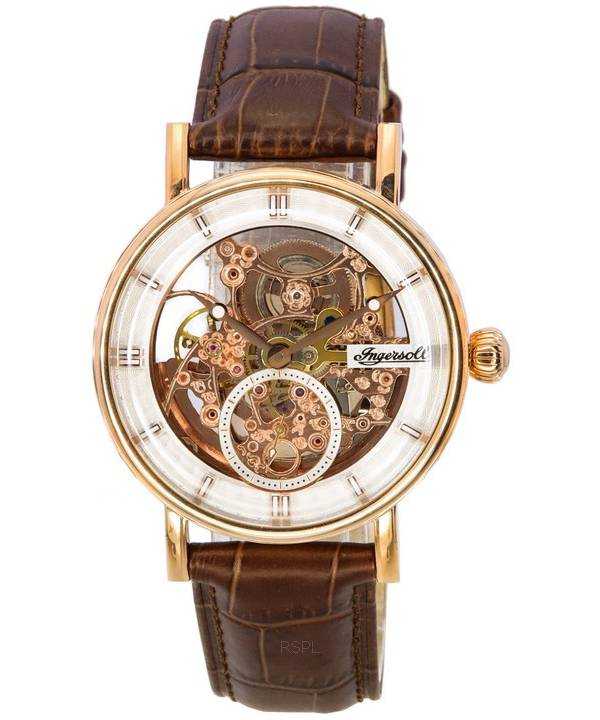 Orologio da uomo automatico I00401B con quadrante scheletrato in oro rosa con cinturino in pelle Herald Ingersoll