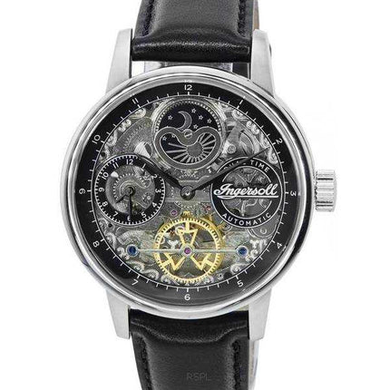 Ingersoll The Jazz Sun and Moon Phase cinturino in pelle scheletro quadrante argento automatico I07701 orologio da uomo