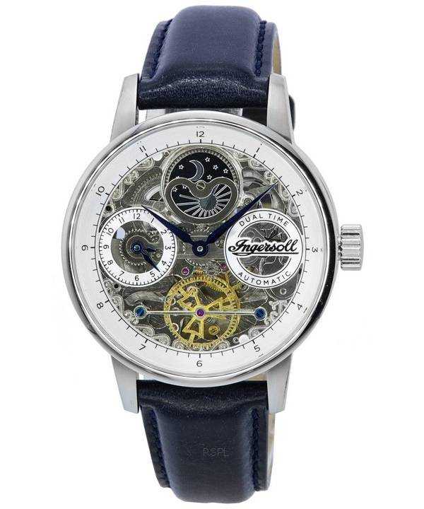 Ingersoll The Jazz Sun and Moon Phase cinturino in pelle scheletro quadrante argento automatico I07702 orologio da uomo