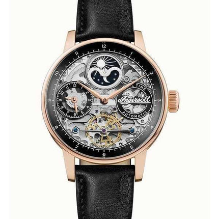 Orologio da uomo Ingersoll The Jazz Moon Phase cinturino in pelle quadrante scheletrato nero automatico I07705