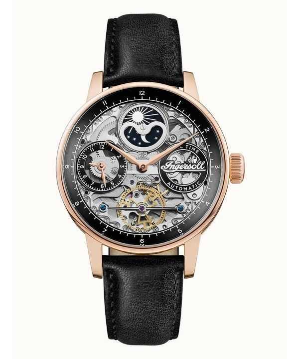 Orologio da uomo Ingersoll The Jazz Moon Phase cinturino in pelle quadrante scheletrato nero automatico I07705