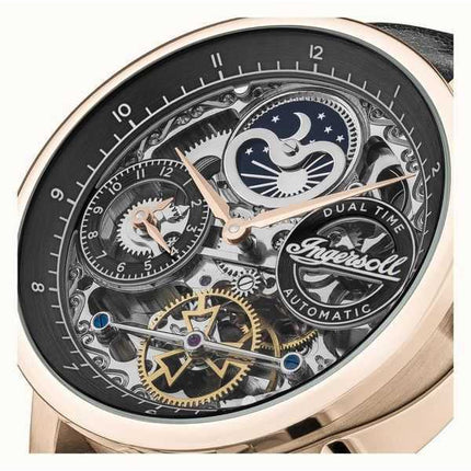 Orologio da uomo Ingersoll The Jazz Moon Phase cinturino in pelle quadrante scheletrato nero automatico I07705
