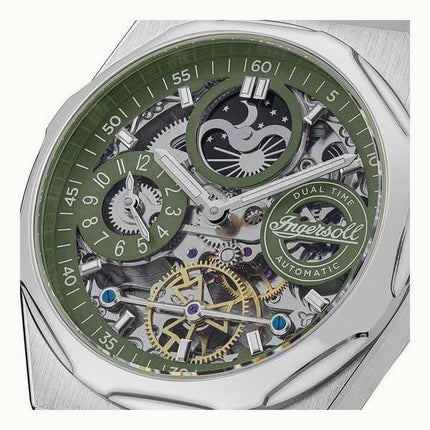 Orologio da uomo Ingersoll The Broadway Dual Time verde con quadrante scheletrato automatico I12905