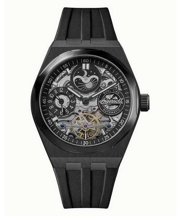 Orologio da uomo Ingersoll The Broadway Moonphase Dual Time con quadrante scheletrato nero automatico I12908