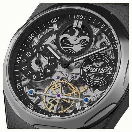 Orologio da uomo Ingersoll The Broadway Moonphase Dual Time con quadrante scheletrato nero automatico I12908