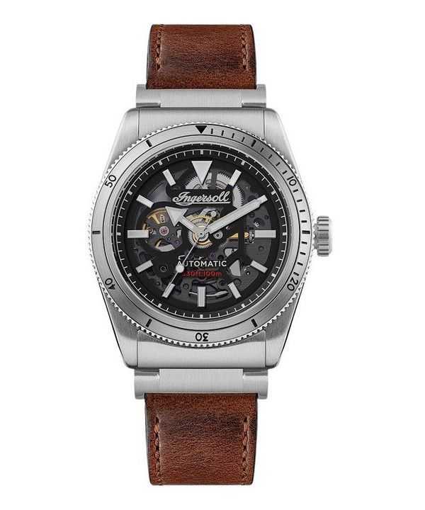 Orologio da uomo Ingersoll The Scovill cinturino in pelle marrone quadrante scheletrato nero automatico I13901 100M