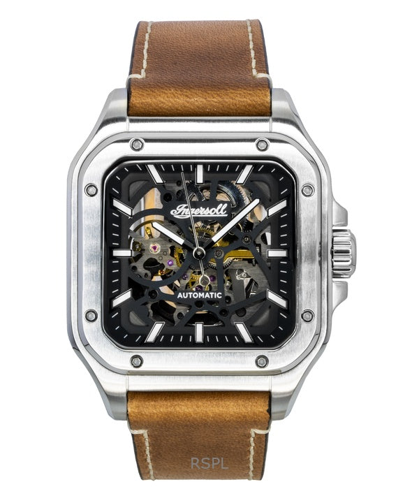 Orologio da uomo Ingersoll The Ollie con cinturino in pelle e quadrante scheletrato nero, automatico I14503