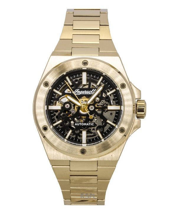 Orologio da uomo Ingersoll The Baller in acciaio inossidabile color oro con quadrante scheletrato nero automatico I15001