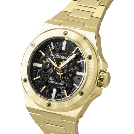 Orologio da uomo Ingersoll The Baller in acciaio inossidabile color oro con quadrante scheletrato nero automatico I15001