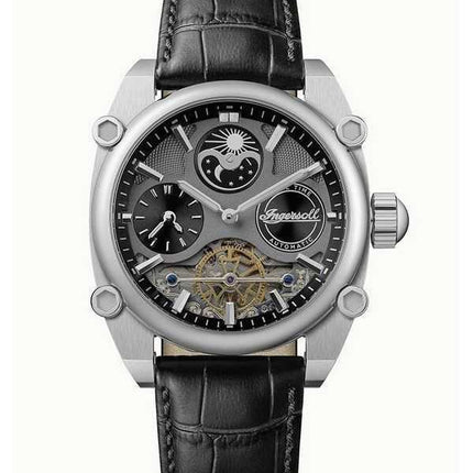Orologio da uomo Ingersoll The Varsity Sun And Moon Phase cinturino in pelle quadrante grigio scheletro automatico I15402
