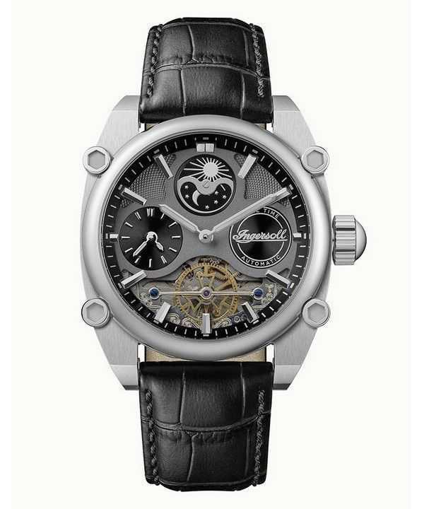 Orologio da uomo Ingersoll The Varsity Sun And Moon Phase cinturino in pelle quadrante grigio scheletro automatico I15402
