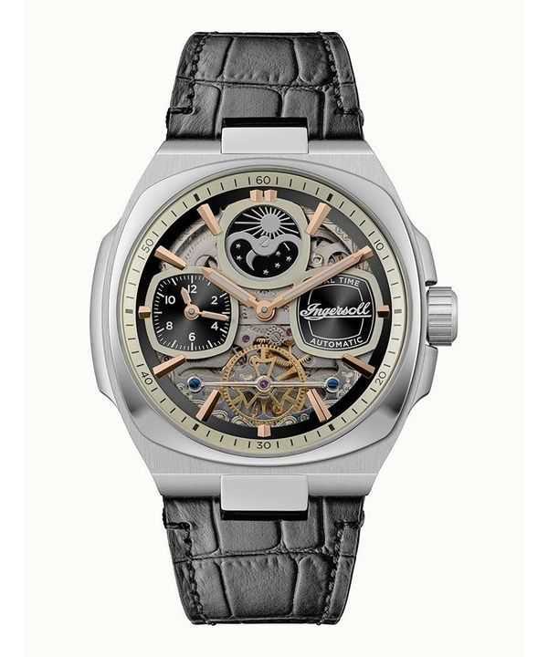 Orologio da uomo Ingersoll The Spirit Moon Phase cinturino in pelle quadrante scheletrato nero automatico I15801