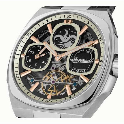 Orologio da uomo Ingersoll The Spirit Moon Phase cinturino in pelle quadrante scheletrato nero automatico I15801