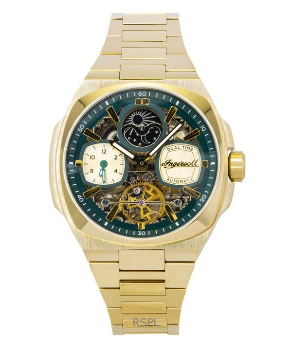 Orologio da uomo Ingersoll The Spirit in acciaio inossidabile color oro con quadrante scheletrato verde automatico I15803