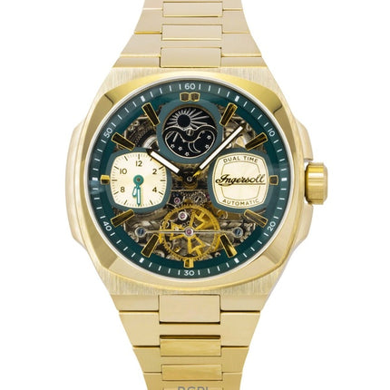 Orologio da uomo Ingersoll The Spirit in acciaio inossidabile color oro con quadrante scheletrato verde automatico I15803