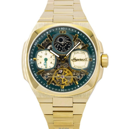 Orologio da uomo Ingersoll The Spirit in acciaio inossidabile color oro con quadrante scheletrato verde automatico I15803