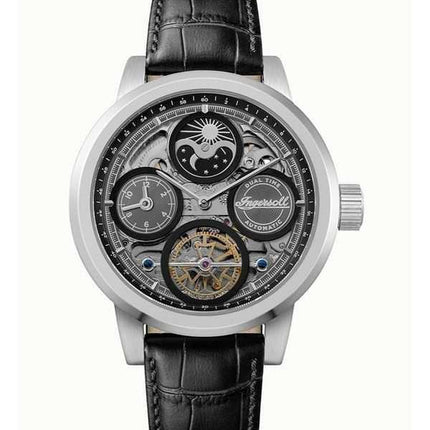 Orologio da uomo Ingersoll The Arc Moon Phase cinturino in pelle quadrante scheletrato nero automatico I16001