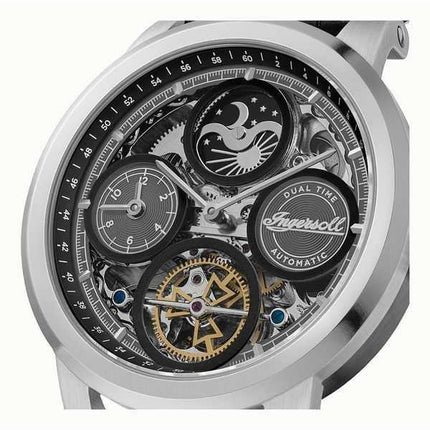 Orologio da uomo Ingersoll The Arc Moon Phase cinturino in pelle quadrante scheletrato nero automatico I16001