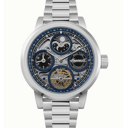 Orologio da uomo Ingersoll The Arc Moon Phase in acciaio inossidabile con quadrante scheletrato blu automatico I16003