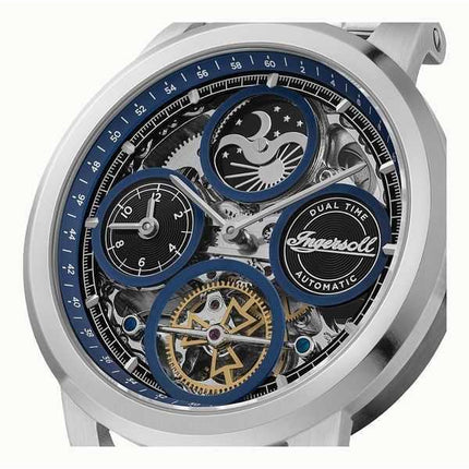 Orologio da uomo Ingersoll The Arc Moon Phase in acciaio inossidabile con quadrante scheletrato blu automatico I16003