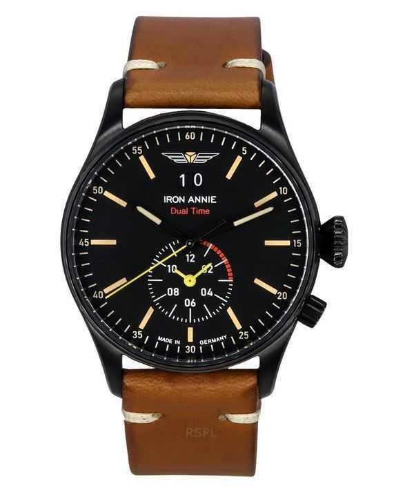 Orologio da uomo Iron Annie Flight Control Dual Time cinturino in pelle quadrante nero al quarzo 51442