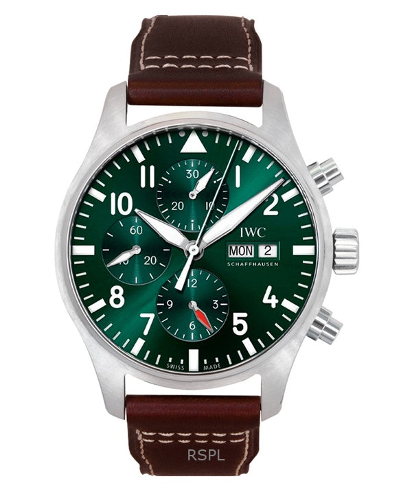 Orologio da uomo IWC Pilots Chronograph con cinturino in pelle e quadrante verde, automatico, IW378005, 100M