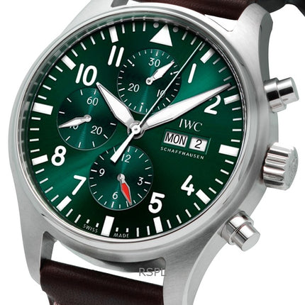 Orologio da uomo IWC Pilots Chronograph con cinturino in pelle e quadrante verde, automatico, IW378005, 100M