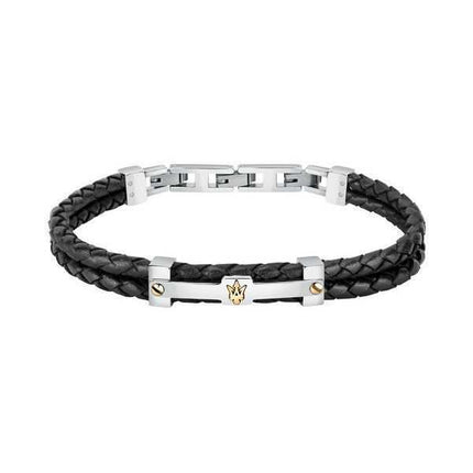 Bracciale da uomo Maserati Jewels in pelle nera e acciaio inossidabile JM422AVE11