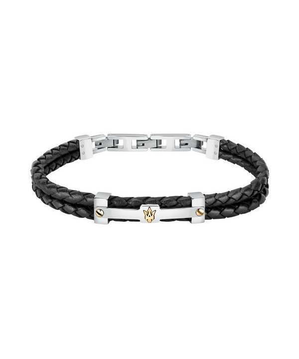 Bracciale da uomo Maserati Jewels in pelle nera e acciaio inossidabile JM422AVE11