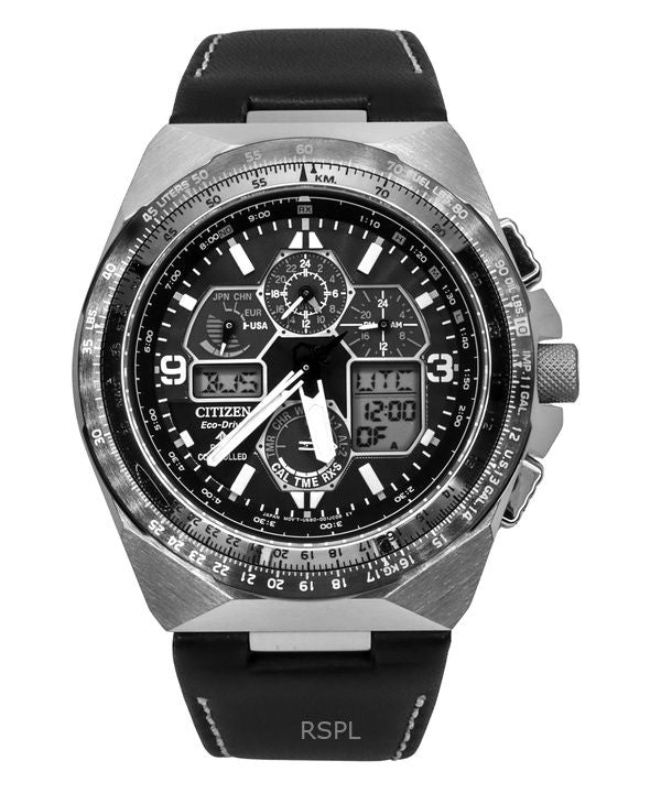 Orologio da uomo Citizen Promaster Skyhawk AT cinturino in pelle quadrante nero Eco-Drive Diver&#39;s JY8149-05E 200M