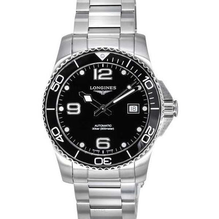 Orologio da uomo Longines HydroConquest in acciaio inossidabile quadrante nero automatico subacqueo L3.741.4.56.6 300M
