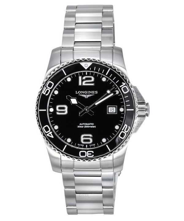 Orologio da uomo Longines HydroConquest in acciaio inossidabile quadrante nero automatico subacqueo L3.741.4.56.6 300M