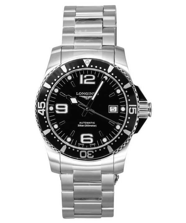 Orologio da uomo Longines HydroConquest in acciaio inossidabile quadrante nero automatico subacqueo L3.742.4.56.6 300M