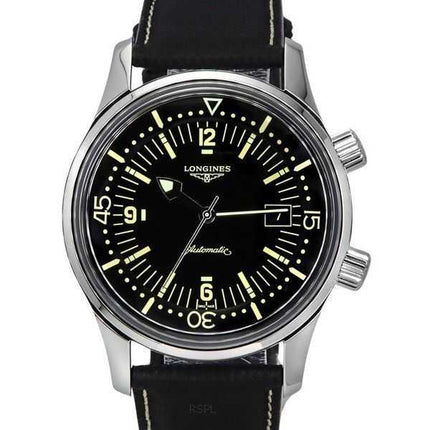 Orologio da uomo Longines Legend Diver cinturino in pelle quadrante nero automatico L3.774.4.50.0 300M