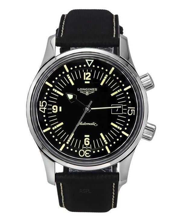 Orologio da uomo Longines Legend Diver cinturino in pelle quadrante nero automatico L3.774.4.50.0 300M
