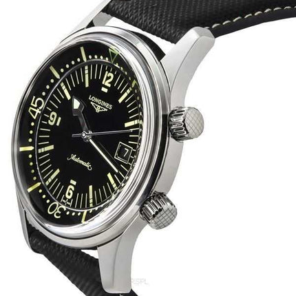 Orologio da uomo Longines Legend Diver cinturino in pelle quadrante nero automatico L3.774.4.50.0 300M