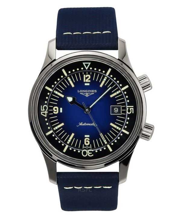 Orologio da uomo Longines Legend Diver con cinturino in pelle e quadrante blu automatico L3.774.4.90.2 300M