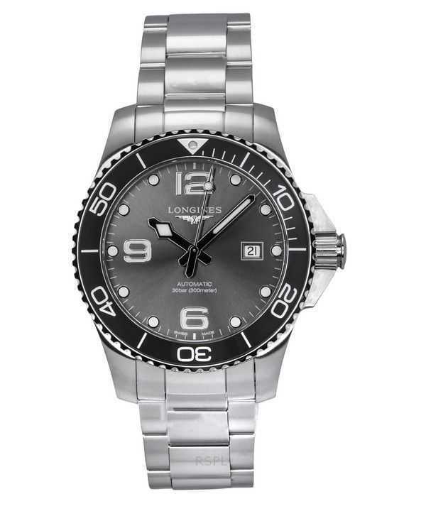 Orologio da uomo Longines Hydroconquest in acciaio inossidabile con quadrante grigio Sunray automatico subacqueo L3.782.4.76.6 3